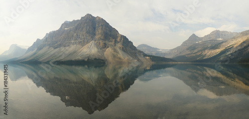 Panorama of the Mountains Reflected in Bow Lake Alberta, Canada