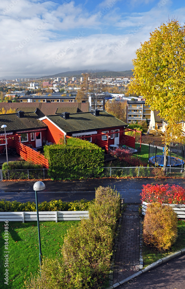 Historic houses in Oslo Lindeberg in the autumn.