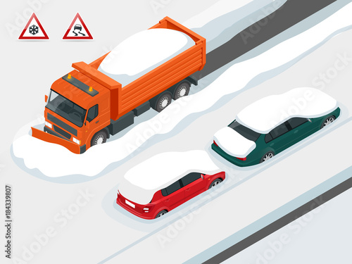 Snow plough truck clearing road after white-out winter snowstorm blizzard for vehicle access. Cars covered in snow on a road during snowfall. Can be used for advertisement, infographics, game.