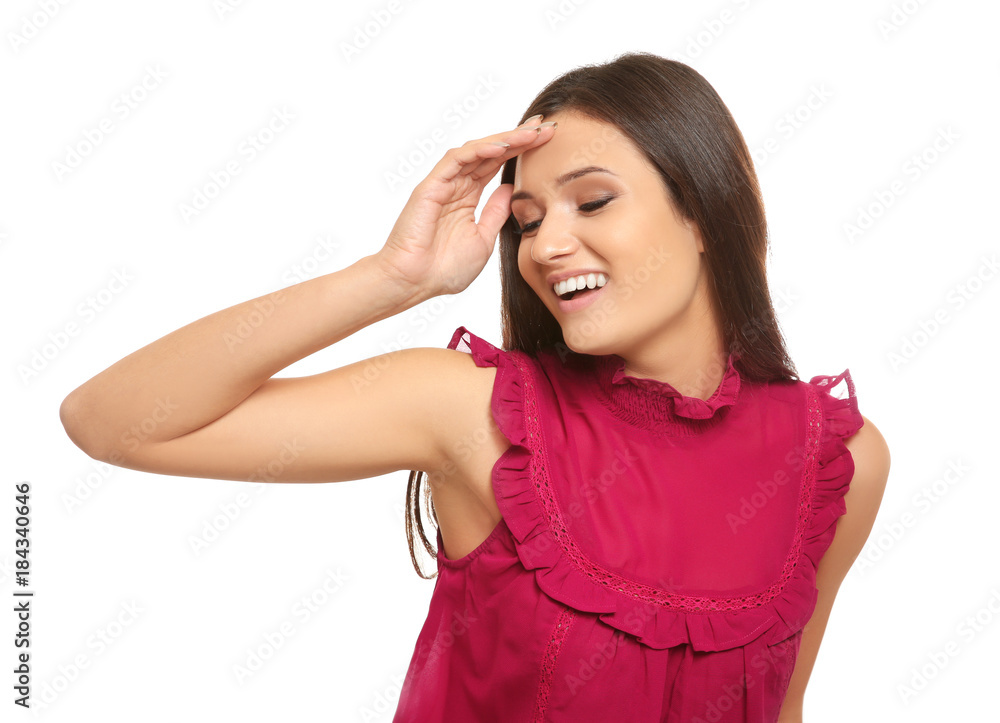 Smiling woman in elegant blouse on white background Smiling woman in elegant blouse on white background