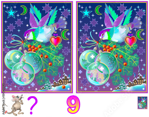 Logic puzzle game for children and adults. Need to find 9 differences. Developing skills for counting. Vector cartoon image.