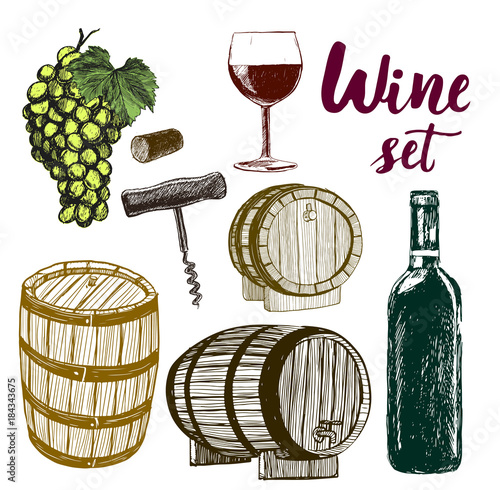 Wine . Hand drawn vector illustration. Retro style.