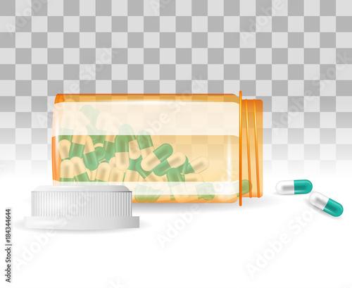 Pills are spilling out of a bottle. Realistic vector illustration. Tablets in a bottle on the transparent background. Capsule-shaped tablets in prescription, medicine and drug bottle.
