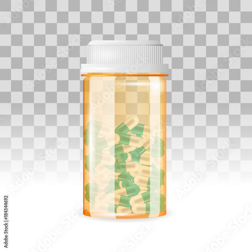 Closed bottle of capsule shaped pills on the transparent background. Realistic vector illustration. Tablets in a medicine, prescription,drug bottle.