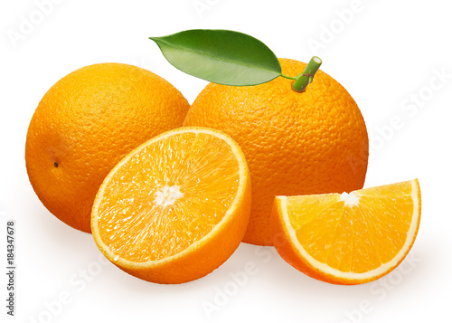 Orange fruit with green leaf  lying  half and slice