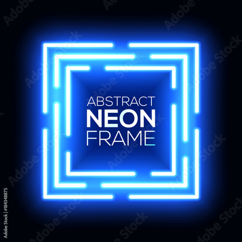 Blue neon light abstract squares. Shining techno square frame. Night club electric bright 3d box design on dark blue backdrop. Neon square background with glow. Technology vector cube illustration.