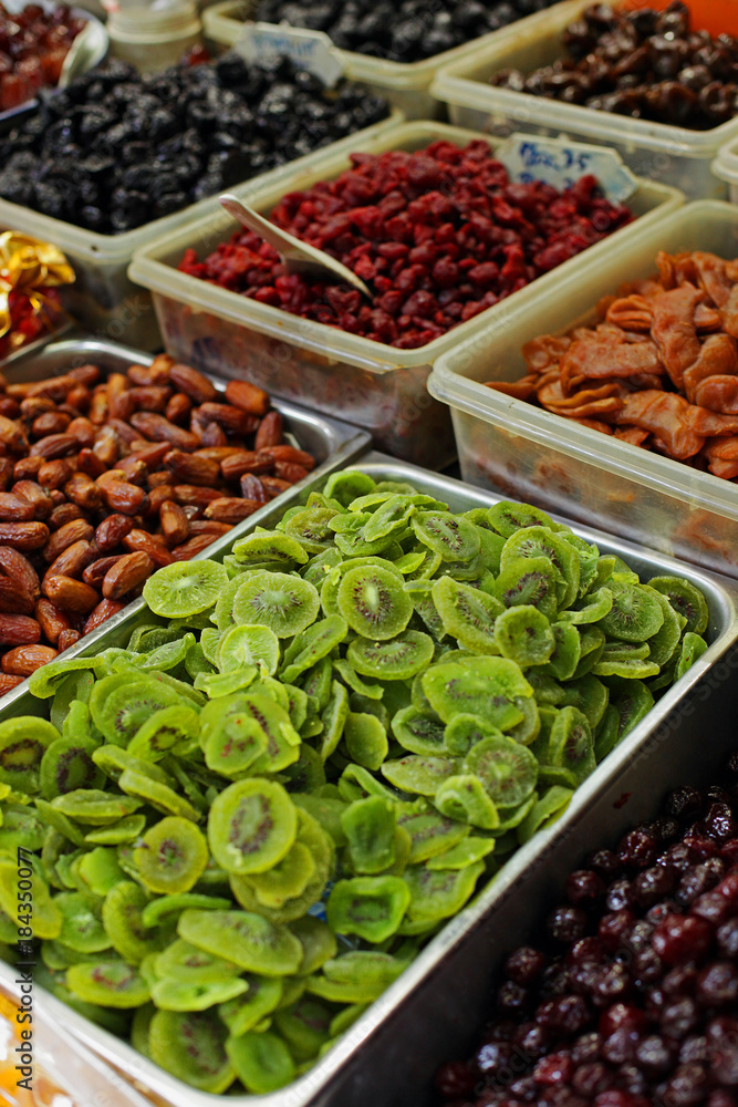 Assorted colorful dried Fruits for Sale on a Market