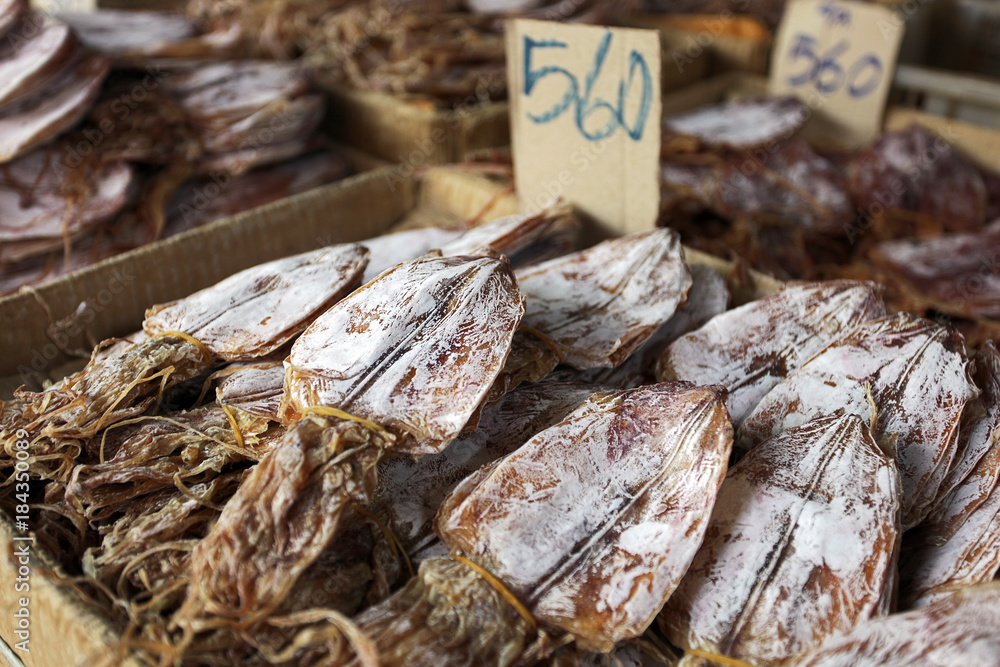 Assorted dried Squid for Sale on a Market in Thailand