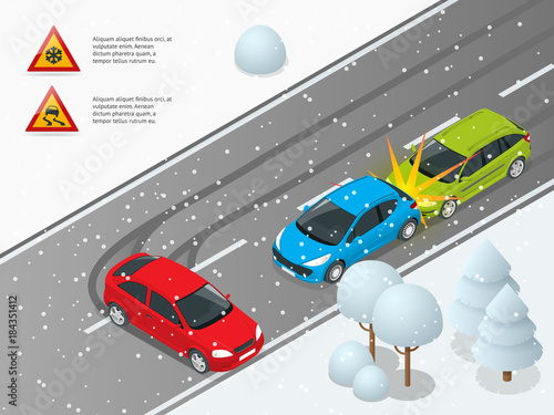 Isometric winter slippery road, car accident. The car rides on a slippery road. Urban transport. Can be used for advertisement, infographics, game or mobile apps icon.
