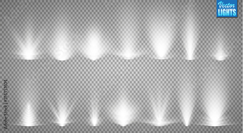 Vector light sources, concert lighting, stage spotlights set. Concert spotlight with beam, illuminated spotlights for web design illustration
