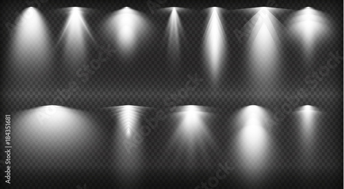 Vector light sources, concert lighting, stage spotlights set. Concert spotlight with beam, illuminated spotlights for web design illustration
