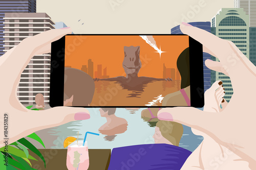 Digital disruption, represented by a person being displayed as a dinosaur on a smart phone screen with an asteroid coming from the sky.