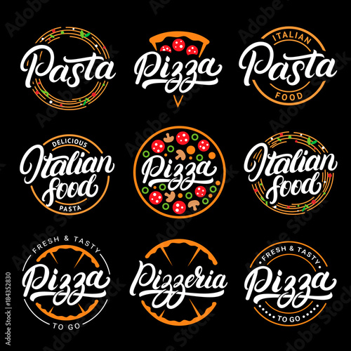 Set of pizza, pasta, pizzeria and italian food hand written lettering logos, labels, badges.