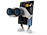 Credit card character looking through binoculars