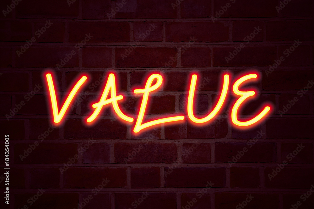 Value neon sign on brick wall background. Fluorescent Neon tube Sign on brickwork Business concept for Importance Use Benefit Principles Morals Ethics 3D rendered Value neon sign on brick wall background. Fluorescent Neon tube Sign on brickwork Business concept for Importance Use Benefit Principles Morals Ethics 3D rendered