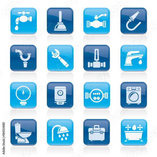 plumbing objects and tools icons - vector icon set
