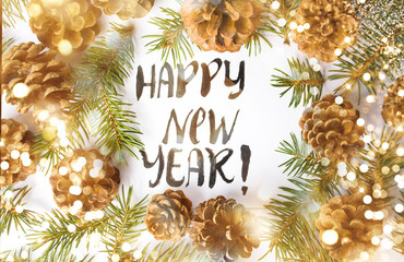 Happy New Year card with pine cones