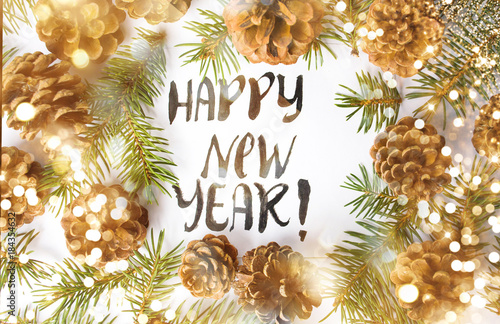 Happy New Year card with pine cones