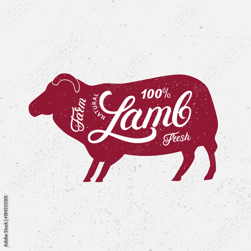 Sheep, ram silhouette and hand written lettering words lamb, farm, fresh