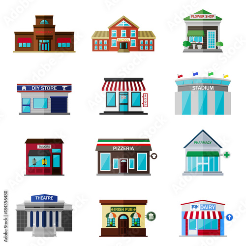 Different shops, buildings and stores flat icon set isolated on white. Includes restaurant, school, flower shop, shop, diy store, stadium, tailors, pizzeria, pharmacy, theatre, irish pub, dairy