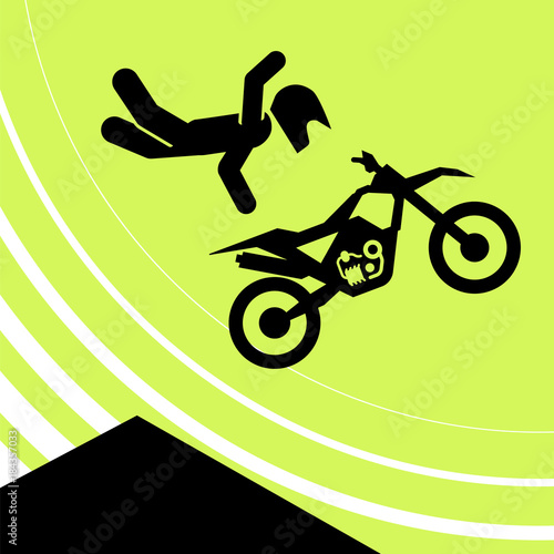 Pictogram of a person riding motorcycle on extreme road. Vector illustration of motor show.