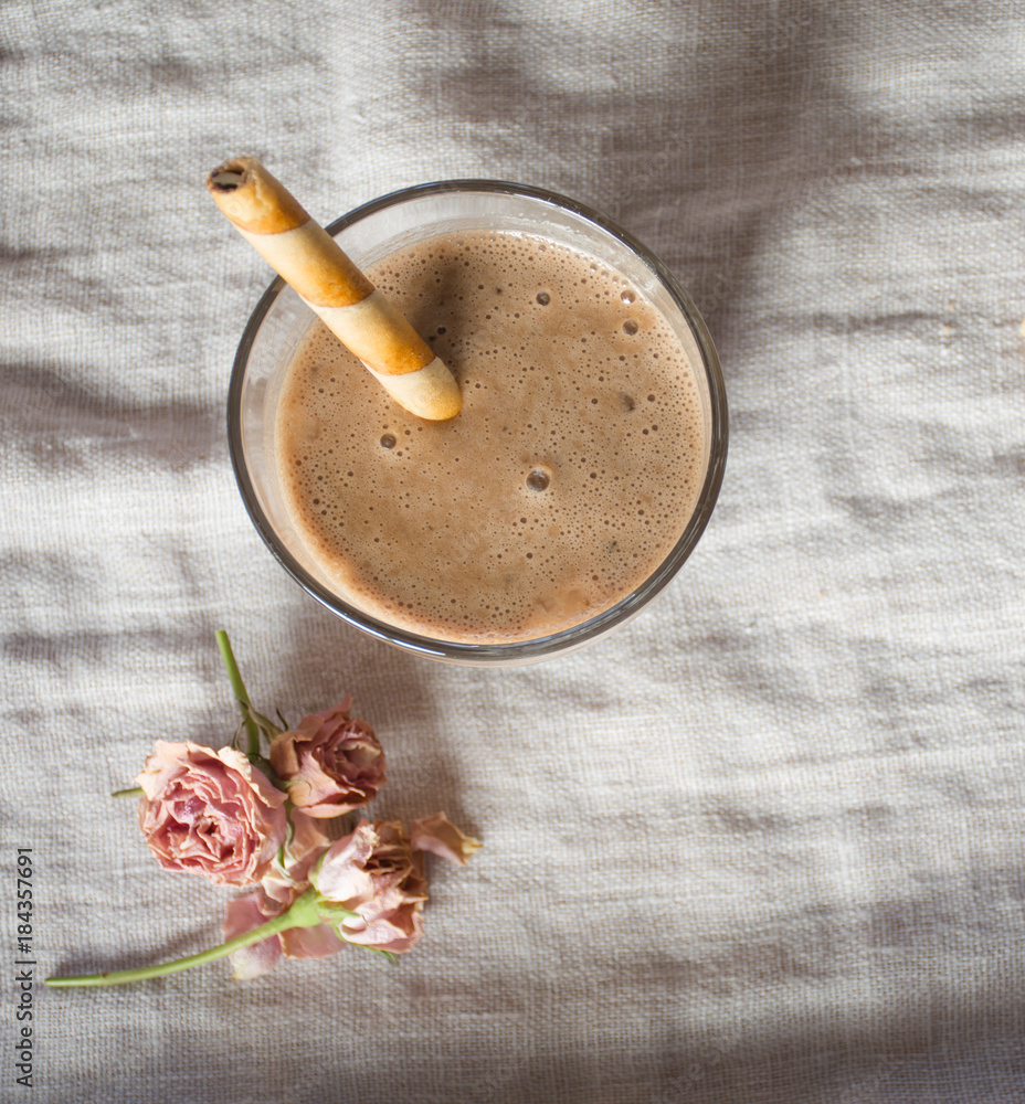 Sweet cold drink for afternoon break. Sweet decorations setup pink rose on the table