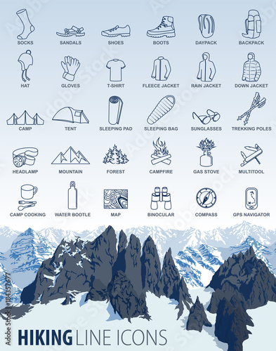 vector set of thin line hiking camping travel Icons with mountains background