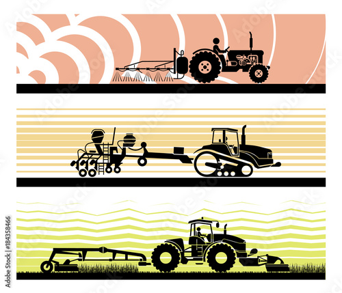 Set of different types of gardening and agricultural vehicles and machines. Spraying, agricultural protection, sowing, mowing, harvesting, planting, Agricultural works, soil preparation, arable land.