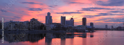 Russia, Yekaterinburg city, Sunset skyline evening panorama with skyscrapers 