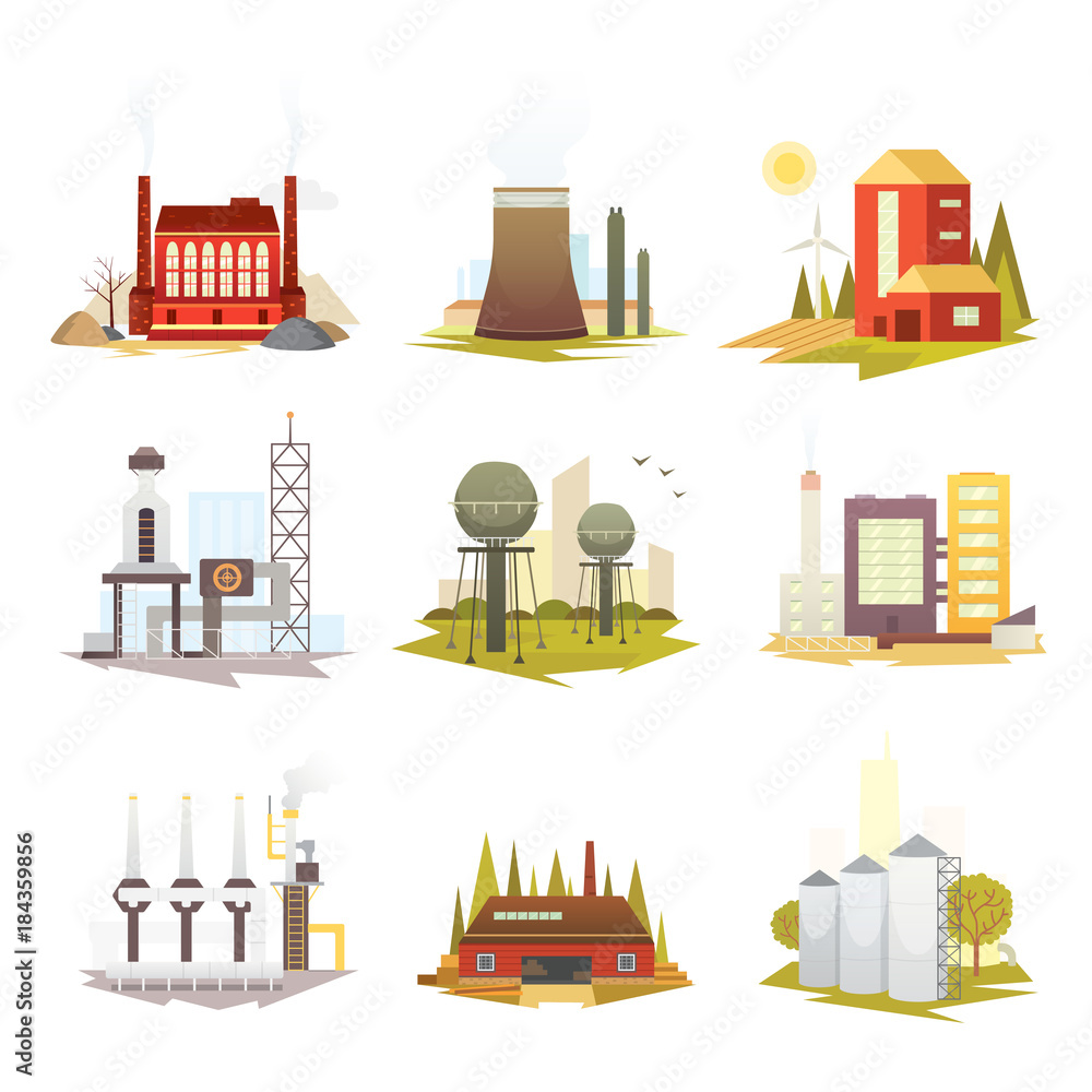 Obraz premium Different industrial factory buildings and plants. Industrial city construction set vector illustrations