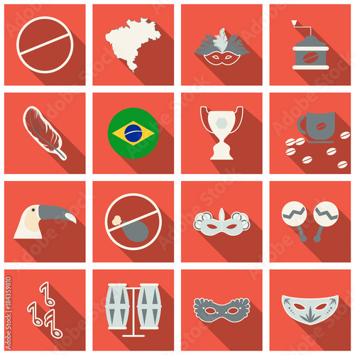 Brazil icons collection. Vector illustration with Brazilian culture and nature icons, including toucan, in carnival costume and in trendy flat style.