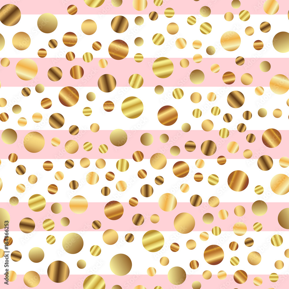 Golden dots seamless pattern on pink striped background. Majestic gradient golden dots endless random scattered confetti on pink striped background. Confetti fall chaotic decor. Golden dots seamless pattern on pink striped background. Majestic gradient golden dots endless random scattered confetti on pink striped background. Confetti fall chaotic decor.