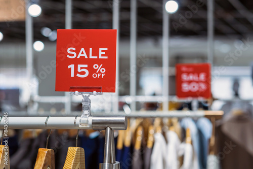 Obraz na płótnie sale 15% off mock up advertise display frame setting over the clothes line in the shopping department store for shopping, business fashion and advertisement concept w salonie