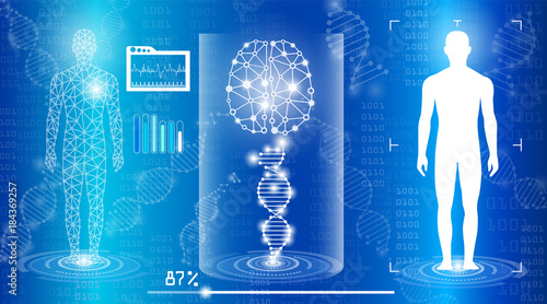abstract background technology concept in blue light,brain and human body heal ,technology modern medical science in future and global international medical with tests analysis clone DNA human