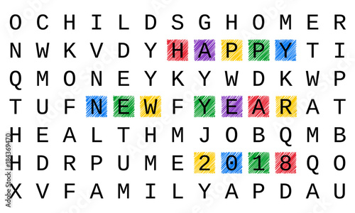 Happy New Year 2018 greeting card, crossword style