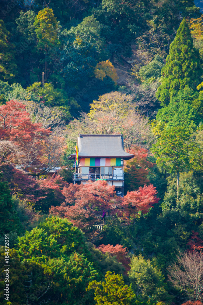 Ancient wooden temple with autumn foliage colors at the mountain of Arashiyama