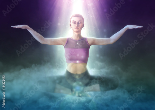 Beautiful girl doing yoga on fantasy clouds 3d illustration