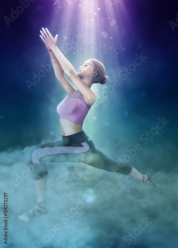 Beautiful girl doing yoga on fantasy clouds 3d illustration
