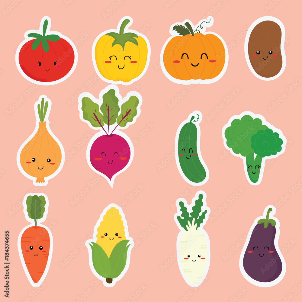 set of cute sticker vegetables vector set of cute sticker vegetables vector