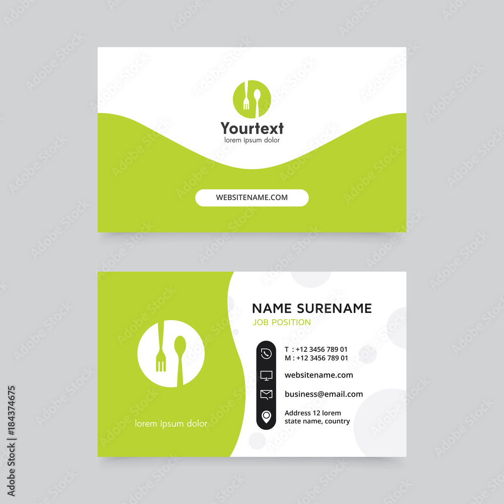 Vector modern creative and clean business card template, flat design green color and food symbol logo, business card vector template