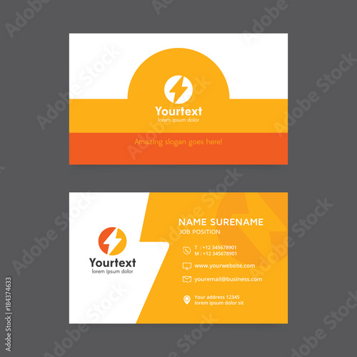 Creative business card in yellow and orange color, Vector modern creative and clean business card template, flat design business card with electricity symbol logo, business card vector template