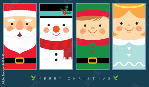 Cute santa claus, snowman, christmas elf and angel in flat design. Vector christmas character. Christmas greeting template design for label, tag, bookmark, card or print.