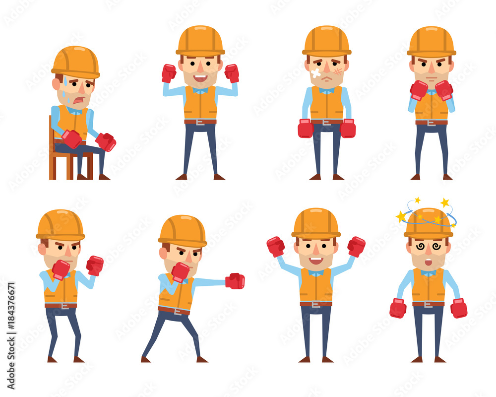 Set of funny construction workers posing with boxing gloves. Cheerful worker boxing, attacking, defending, dazed and showing other actions. Flat style vector illustration Set of funny construction workers posing with boxing gloves. Cheerful worker boxing, attacking, defending, dazed and showing other actions. Flat style vector illustration
