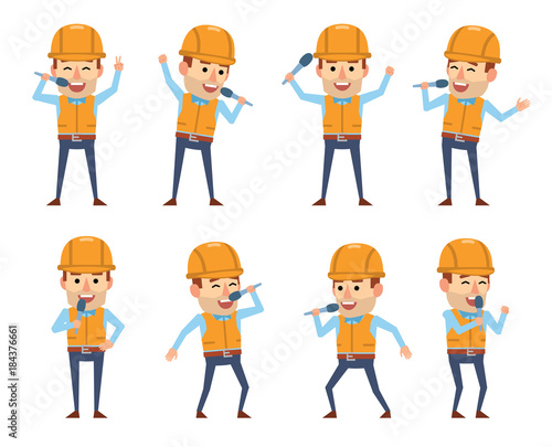 Set of funny consruction worker characters posing with microphone. Cheerful worker karaoke singing. Flat style vector illustration