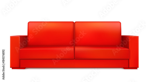 Red modern luxury sofa for living room, reception or lounge. Icon of single object, realistic design, vector isolated on white background, 3D illustration