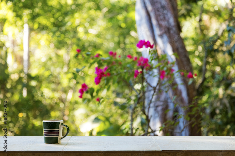 Coffee mug on a ledge overlooking a tropical rainforest Coffee mug on a ledge overlooking a tropical rainforest
