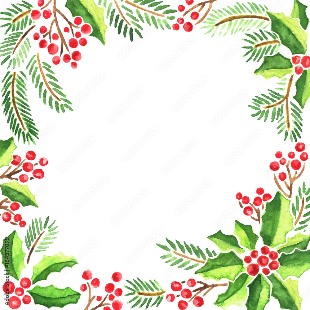 Fototapeta premium Watercolor Christmas card with evergeen plants. Frame composition of mistletoe, fir tree branches and holly with red berries