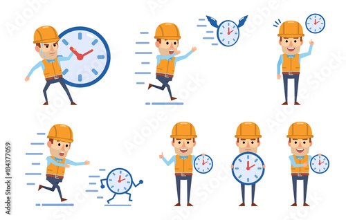 Set of funny construction workers posing with watches. Cheerful worker holding watches, trying to stop the time and showing other actions. Flat style vector illustration