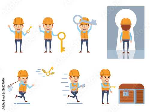 Set of funny construction worker characters posing with key. Cheerful worker holding golden key, opening treasure chest, running and showing other actions. Flat vector illustration