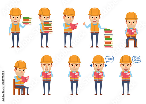 Set of funny construction worker characters posing with book. Cheerful worker reading book or diary, laughing, surprised, crying and showing other actions. Flat vector illustration